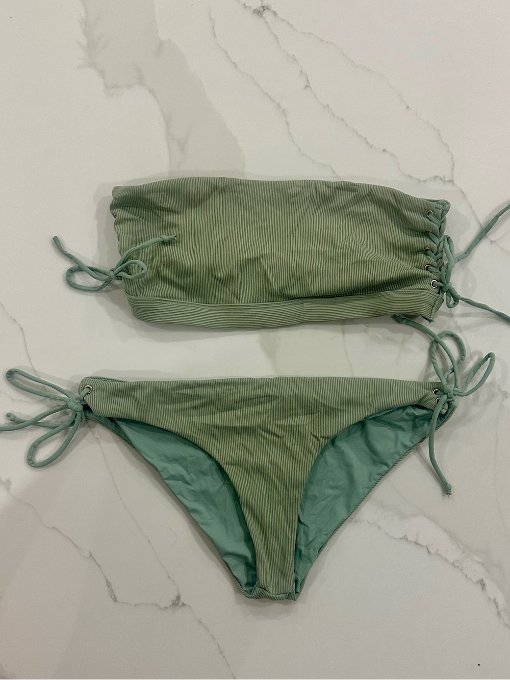 l*space Girls Light Green Ribbed Two-Piece Swim Set with Side Ties